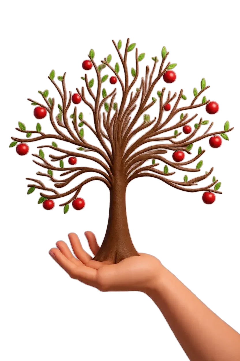 The tree with red apples, fully grown in the open hand
